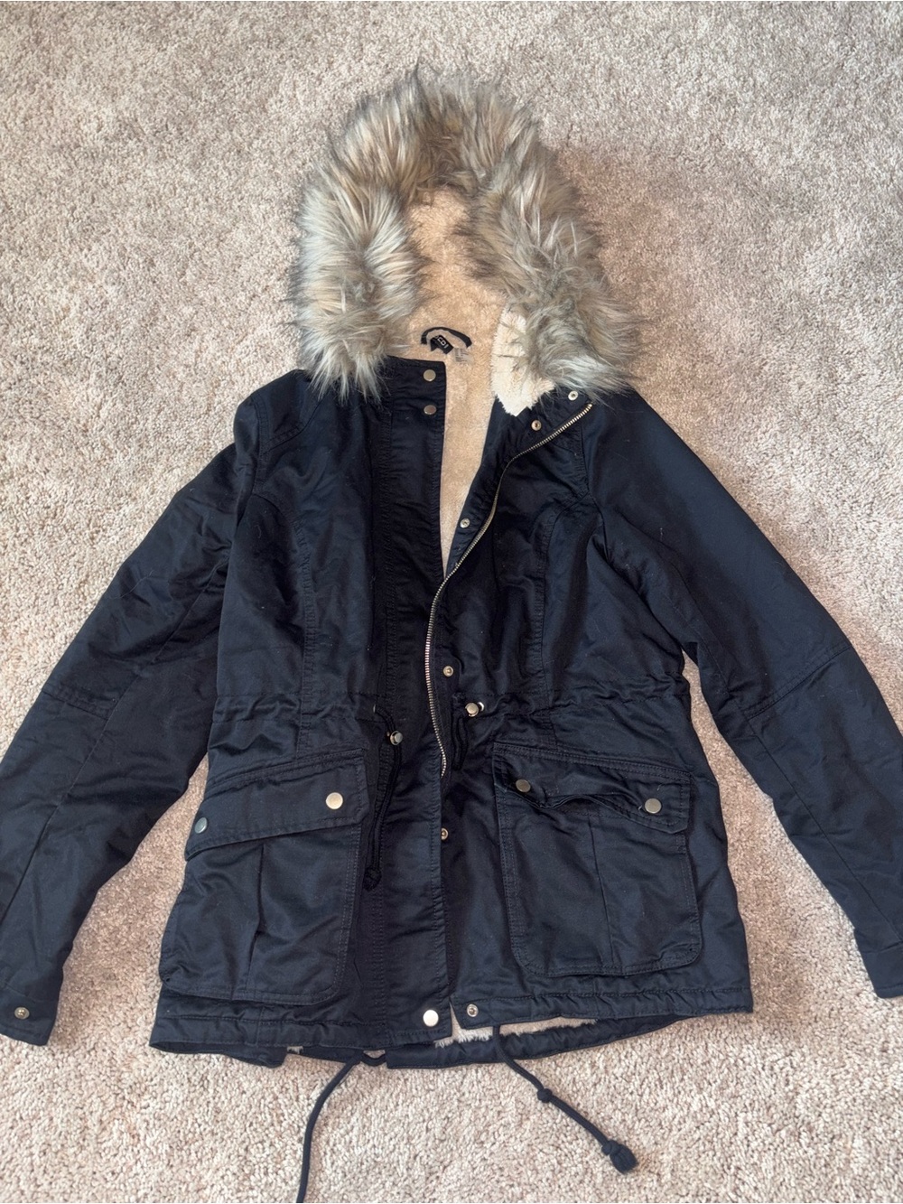 H&M Black Sherpa Lined Hooded Winter Parka Jacket Faux Fur Trim US 10
